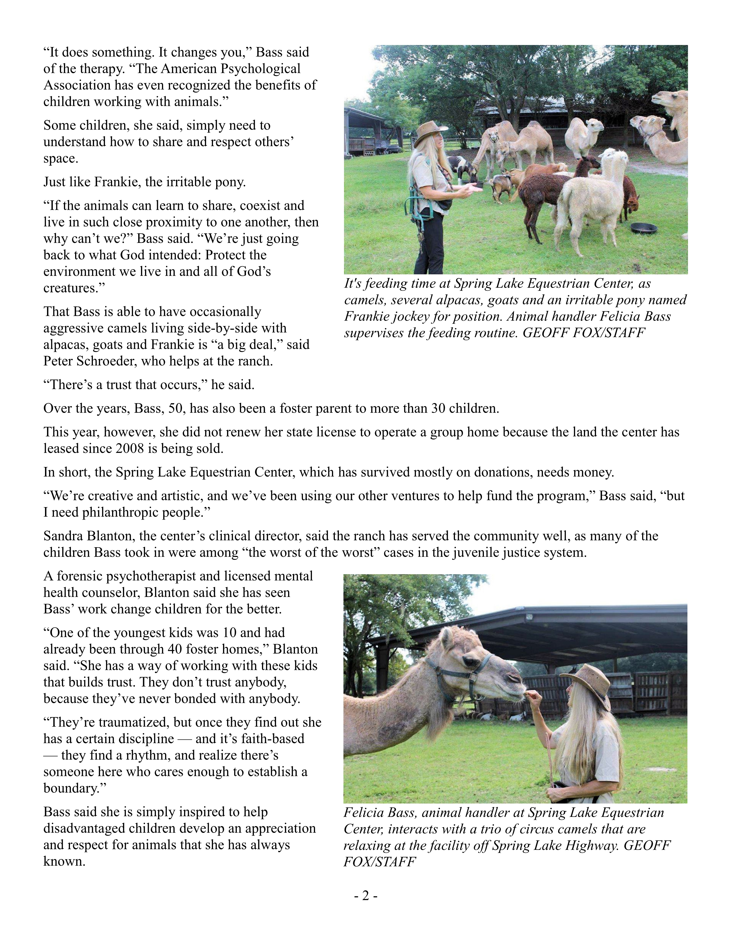 Spring Lake woman rescues camels, horses, wayward teens 09-04-2014 Pg2