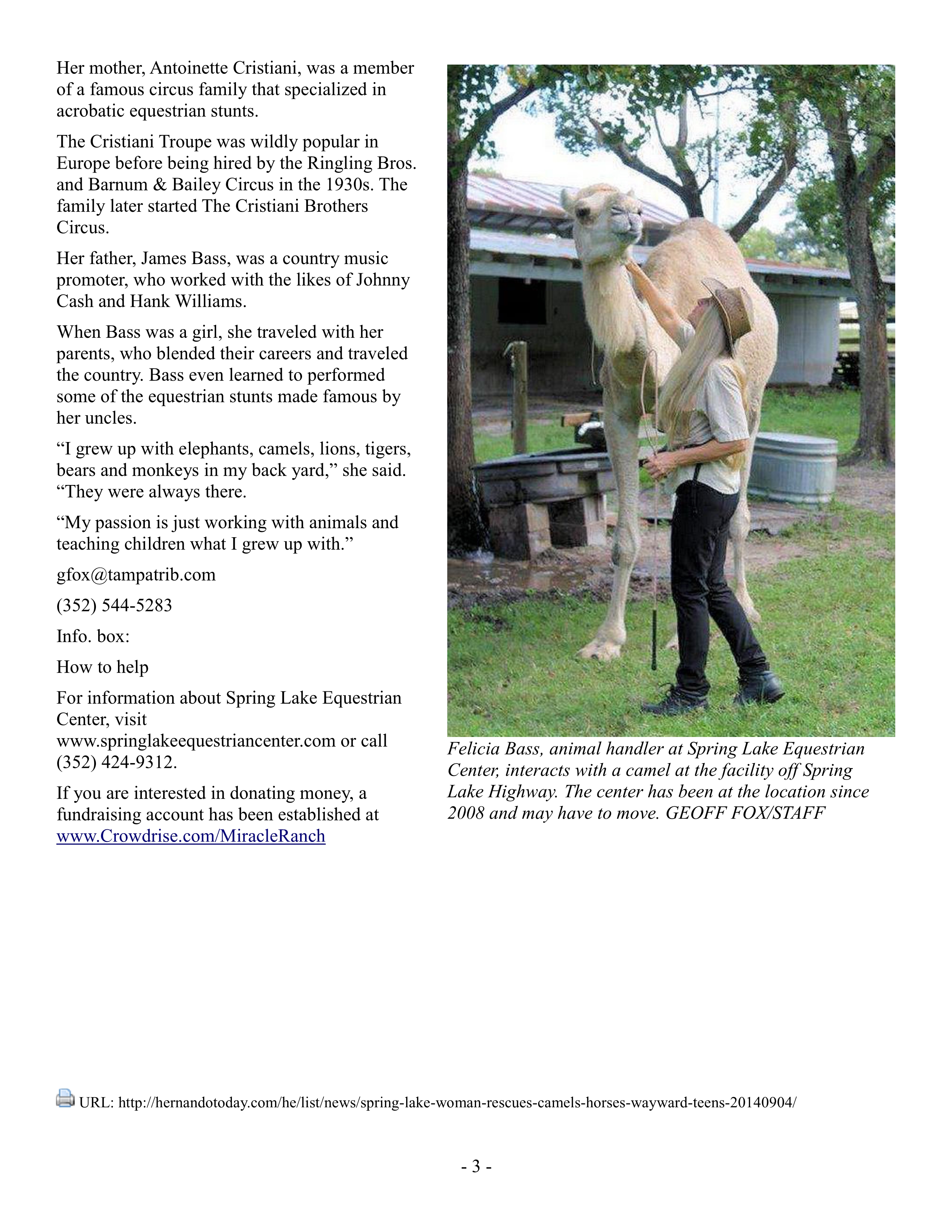 Spring Lake woman rescues camels, horses, wayward teens 09-04-2014 Pg3